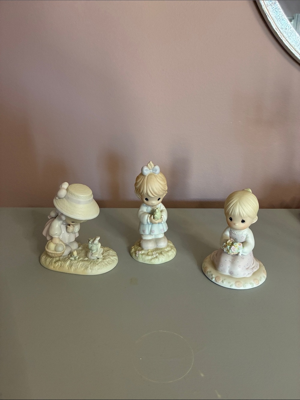 Precious Moments Pastel Figurine Trio - Cream, Pink, Blue Accents
